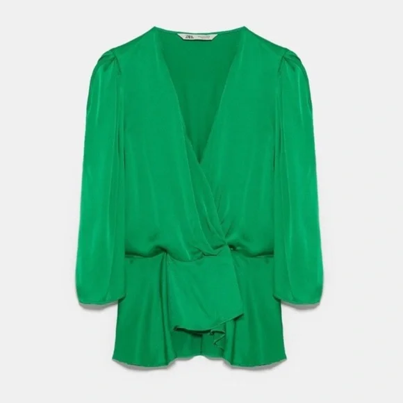 FLASH SALE NWT Zara Green Satin Wrap Top - Picture 5 of 11